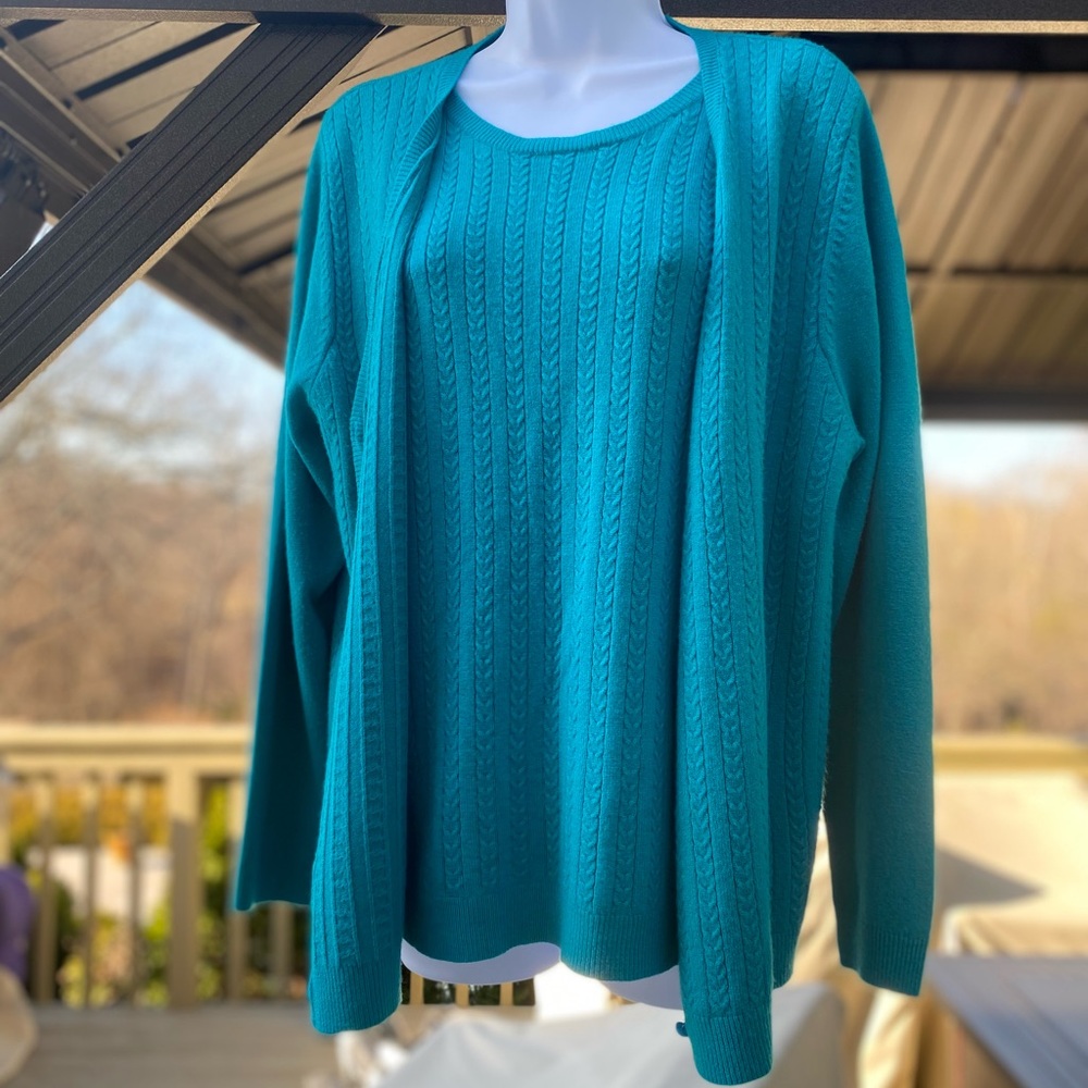 Alfred Dunner - Teal Knit Cardigan and Attached Sweater Set, Size: M